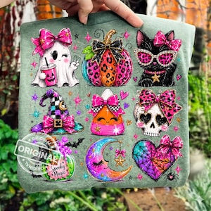 Diseño PNG de Halloween estilo preppy, fantasma leopardo rosa, calavera de gato calabaza bruja para sublimación