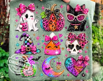 Diseño PNG de Halloween estilo preppy, fantasma leopardo rosa, calavera de gato calabaza bruja para sublimación