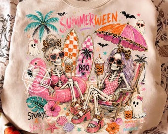 Chicas de playa con esqueletos de verano a la moda PNG, diseño de sublimación espeluznante de surf tropical con pinceladas de Halloween
