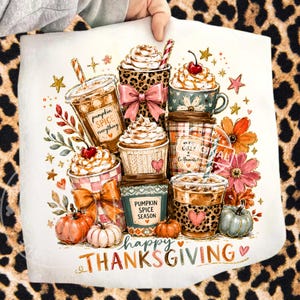 Thanksgiving Pumpkin Spice Latte PNG, Fall Coffee Stack, Leopard Bow Sublimation Shirt, Digital Design