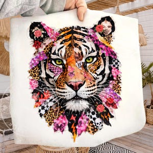 Trendy preppy tijgercollage, png, gemengde techniek, gescheurd plakboek, bloemenontwerp met luipaardprint