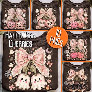 May include: A collection of brown t-shirts featuring Halloween-themed designs. The designs include a large pink bow, ghost cherries, and the text "Halloween Cherries". The image also includes a circle with the text "10 PNGs".