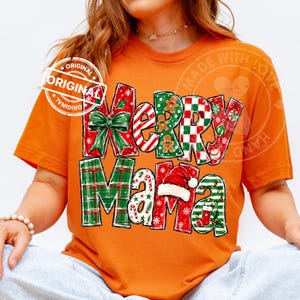 Retro Merry Mama Christmas PNG, Plaid Patchwork Bow Graphic, Festive Holiday Sublimation Shirt Design