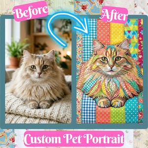 Peut inclure: Image comparant un chat réel et un portrait personnalisé. Le portrait présente une illustration détaillée d'un chat avec des motifs patchwork colorés. Le texte en bas indique "Custom Pet Portrait".