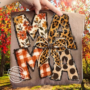 Fall Mama PNG, Leopard Bow Floral Plaid Polka Dot Brushstroke Autumn Sublimation Shirt Design