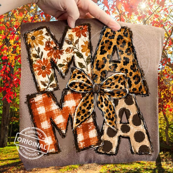 Fall Mama PNG, Leopard Bow Floral Plaid Polka Dot Brushstroke Autumn Sublimation Shirt Design