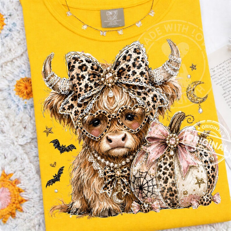 Leopard Highland Cow, Halloween PNG, Pumpkin Bow Sublimation, Trendy Spooky Fall Shirt Design Clipart image 3