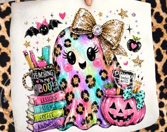 Lehrer-Halloween-Geist PNG, Leopard Kürbis Bogen, Schule Sublimation Clipart, Herbst Klassenzimmer Shirt Design