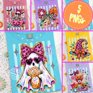 May include: A collection of five PNG designs featuring Halloween-themed graphics on t-shirts. Designs include a skeleton in a pumpkin, a ghost with sunglasses, and pumpkin spice latte cups. Each shirt has vertical stripes.