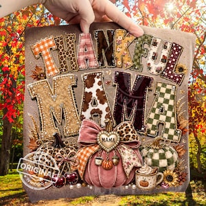 Thankful Mama Fall PNG, Patchwork Pumpkin, Leopard Plaid Thanksgiving Sublimation Shirt Design, Digital Download