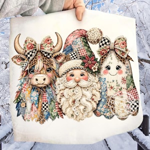 May include: A white fabric print featuring a highland cow with a floral bow, a Santa Claus figure with a textured beard and hat, and a ghost character with a floral bow. The design includes patchwork patterns and the word ORIGINAL in a circle.