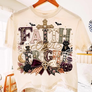 Faith Over Fright Christian Halloween PNG, Gothic Bow Ghost, Cat Pumpkin Cross Sublimation Download
