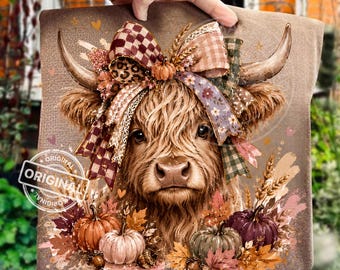 Vaca de las Tierras Altas de otoño PNG, lazo de calabaza de otoño, diseño floral occidental por sublimación, gráfico para camiseta de Acción de Gracias