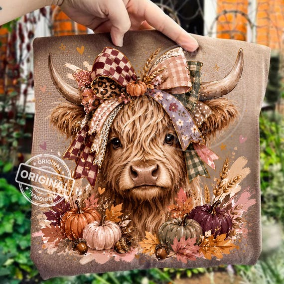 Fall Highland Cow PNG, Autumn Pumpkin Bow, Floral Western Sublimation Design, Thanksgiving Shirt Graphic