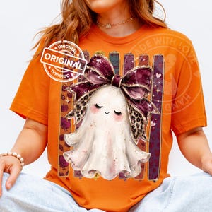 Thanksgiving Fall Ghost PNG, Burgundy Bow, Leopard Patchwork, Preppy Halloween Sublimation Design, Shirt Transfer