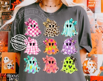 Girly Summerween Ghost PNG, Preppy Brushstroke, Coquette Halloween Sublimation Shirt Design, Glitter Leopard Bow