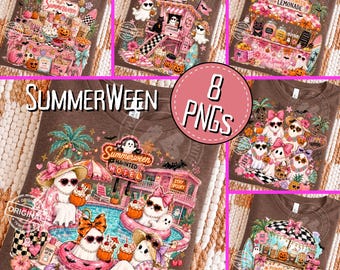 Summerween PNG Bundle, Preppy Ghost, Tropical Halloween Shirt Designs, Pink Spooky Summer Digital Download