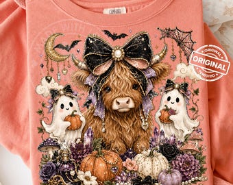 Gothic Highland Cow, Ghosts Pumpkins, Coquette Bow Halloween PNG Sublimation Clipart Shirt Design Printable