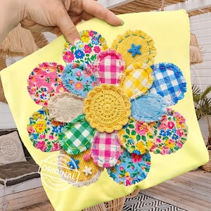 Kleurrijke stoffen patchwork gehaakte bloem png, heldere zomer, trendy boho-garenkunst, digitaal ontwerp