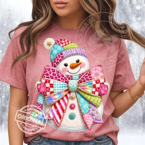 Preppy Patchwork Style Snowman PNG, Colorful Christmas Bow, Trendy Winter Sublimation Clipart Digital Download