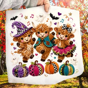 Patchwork Highland Cow, Halloween PNG, Witchy Ghost Pumpkin Sublimation Design, Cottagecore Textile Clipart Download