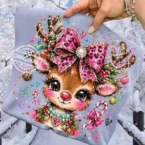 Christmas Reindeer PNG, Pink Leopard Bow, Preppy Rudolph Boutique Glitter Sublimation, Messy Brushstroke Design