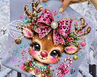 Christmas Reindeer PNG, Pink Leopard Bow, Preppy Rudolph Boutique Glitter Sublimation, Messy Brushstroke Design