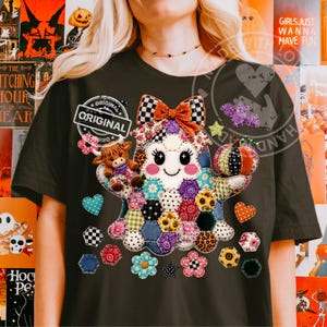 Patchwork Halloween Ghost Highland Cow, Pumpkin Bow, Floral Checker Quilt Sublimation PNG Digital Download