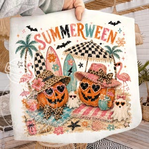 Summerween Beach Pumpkin Ghost PNG, Trendy Pink Flamingo, Halloween Brushstroke Surf Club Design Download