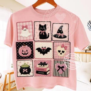 Coquette Halloween Quilt PNG, Pink Patchwork Ghost Cat, Witch Hat Bow Sublimation Shirt Graphic