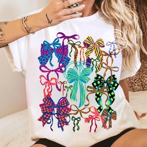 Trendy Preppy Bow PNG, Colorful Patchwork, Coquette Neon Ribbon, Girly Leopard Shirt Design