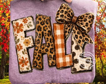 Fall Leopard Bow PNG, Floral Gingham Typography, Rustic Autumn Sublimation, Thanksgiving Messy Brushstroke Shirt