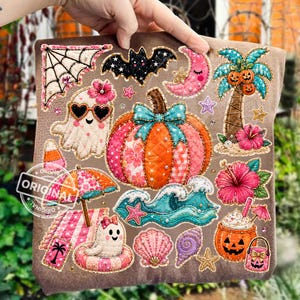 Summerween Quilt Patchwork PNG, Geist Kürbis Strand Halloween Sublimation, Kokette Tropische Muschel Clipart