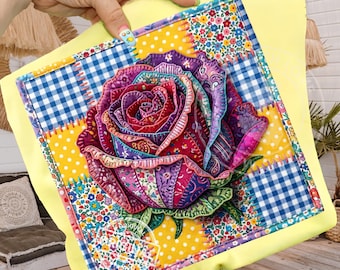 Trendy Cottagecore Patchwork Rose PNG, Quilted Floral Fabric Art, Vintage Coquette Design Download