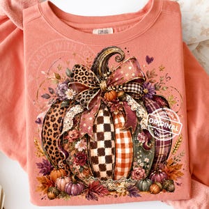 May include: A coral-colored crewneck sweatshirt featuring a large graphic of a pumpkin decorated with leopard print, plaid, and gingham patterns, accented by lace, flowers, and a large bow. The text COMFORT is on the inner neck label.