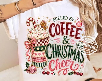 Impulsado por el café y el espíritu navideño PNG, diseño preppy navideño para sublimación, gráfico para camiseta festiva