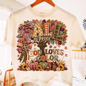 Proof God Loves Color PNG, Jeweled Fall Patchwork, Christian Thanksgiving Autumn Cross Pumpkin Design