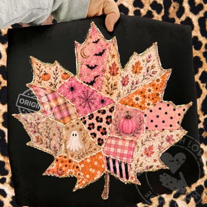 Rosa Halloween-Patchwork-Ahornblatt (PNG), verspieltes Herbst-Sublimationsdesign, gruselige Herbst-Cliparts zum Download