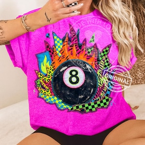 Trendy Patchwork 8 Ball PNG, Retro Neon Grunge Checkerboard Leopard Flames Digital Download