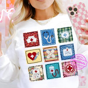 Trendy Krankenschwester Patchwork PNG, Retro medizinische Quilt, Floral Stoff Scrubs Design, Instant Download Art