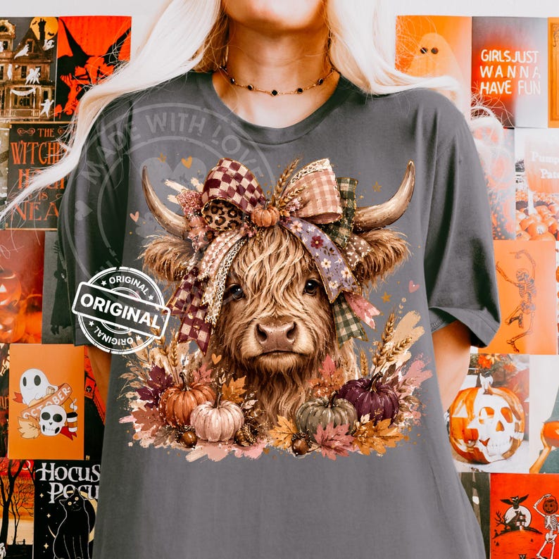 Fall Highland Cow PNG, Autumn Pumpkin Bow, Floral Western Sublimation Design, Thanksgiving Shirt Graphic image 3