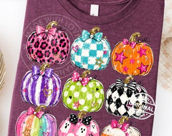 プレッピーなハロウィンパンプキンPNG、カラフルな筆遣いのパッチワーク、チェック柄のヒョウ柄ゴーストボウ昇華シャツデザイン