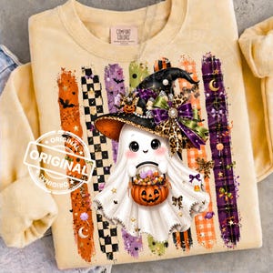Preppy Halloween Ghost, Witch Hat, Candy Bucket, Leopard Plaid Brushstroke Sublimation PNG, Striped Design