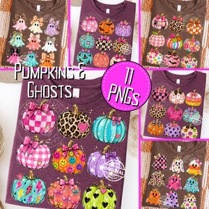 May include: A collection of digital graphic designs featuring various pumpkins and ghosts decorated with bows, patterns, and colors. The text PUMPKINS & GHOSTS and 11 PNGS is displayed over the images, which are printed on dark maroon t-shirts.