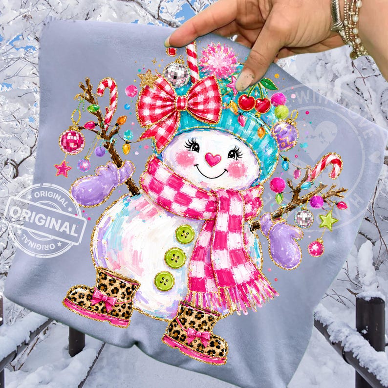Girly Christmas Snowman PNG, Pink Coquette Bow, Leopard Boots Sublimation, Holiday Shirt Design Download image 6