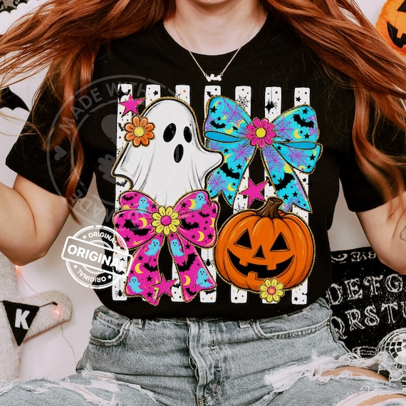 Preppy Halloween Ghost Pumpkin Bow PNG, Trendy Spooky Coquette Shirt Design, Digital Download Art