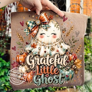 Dankbares kleines Gespenst (PNG), Kürbisschleife für den Herbst, Halloween- und Thanksgiving-Sublimations-Clipart, Boutique-Design