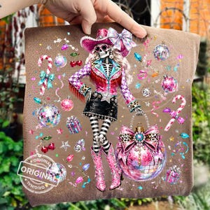 Western Disco Skeleton Cowgirl, Christmas PNG, Pink Glitter Leopard Bow Holiday Sublimation Design Clipart