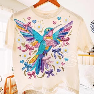 Colorful Hummingbird Patchwork PNG, Coquette Bow Bird Design, Trendy Girly Summer Shirt Graphic