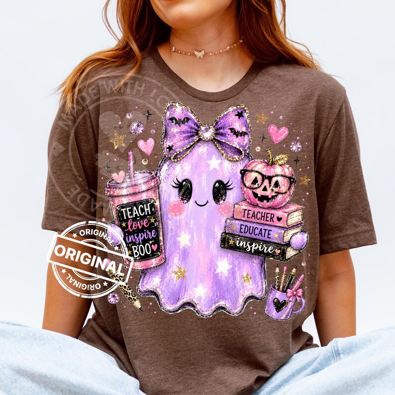 Preppy Halloween Teacher Ghost PNG, Purple Bow, Pumpkin Books Sublimation Design, Brushstroke School Shirt image 3
